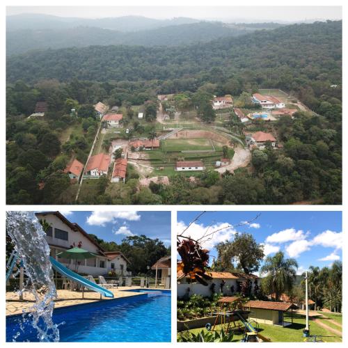 four different pictures of a resort and a water park at Chacara Papagaios in Mairiporã
