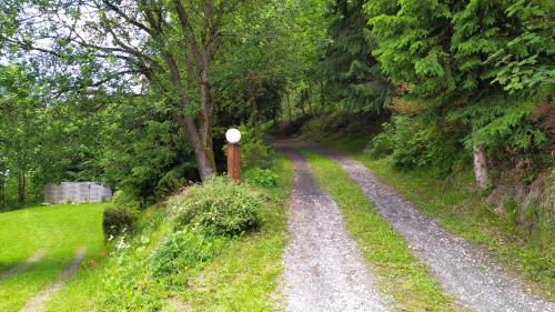 a dirt road with a mailbox on the side at Greizer Kammhütte Gaststätte & Pension in Klingenthal