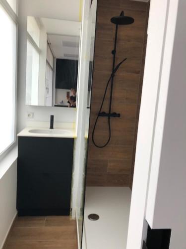 Habitación con baño con lavabo y ducha. en FLORIDE, en Knokke-Heist