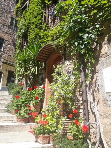 a garden with flowers and plants in front of a brick building at La Piazzetta Toscana B&B in Campiglia Marittima