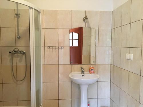 a bathroom with a sink and a shower at Dom pod Białym Pagajem in Pisz