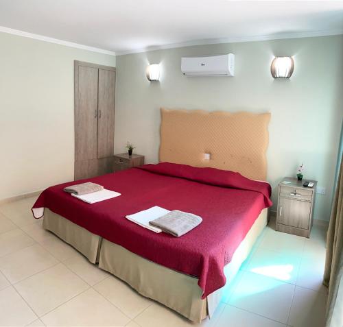 a bedroom with a large bed with a red blanket at Livia’s Appartments in Paphos City