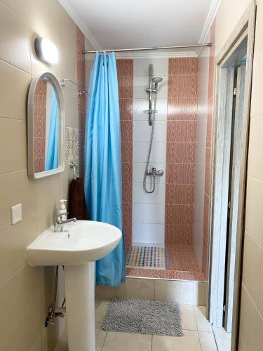 a bathroom with a sink and a shower at Livia’s Appartments in Paphos