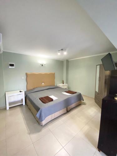 a bedroom with a bed and a flat screen tv at Livia’s Appartments in Paphos