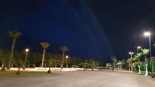 a parking lot with palm trees and street lights at night at Twins in Anaklia