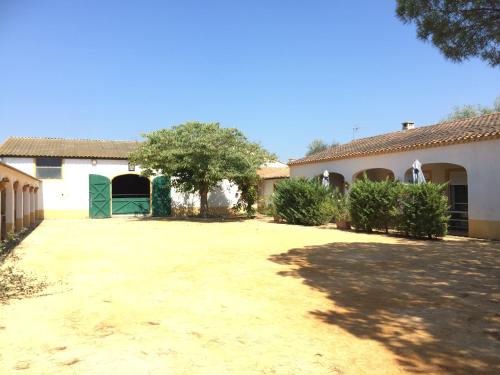 um grande quintal em frente a um edifício com uma árvore em EL ROCIO 2 em Saintes-Maries-de-la-Mer