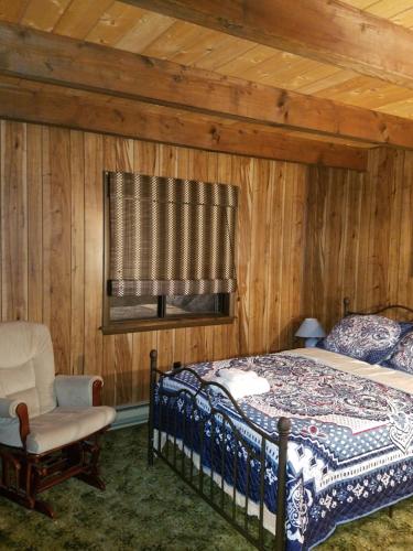 1 dormitorio con 1 cama, 1 silla y 1 ventana en Saw Creek Cabin - Regent Hilltop en Bushkill