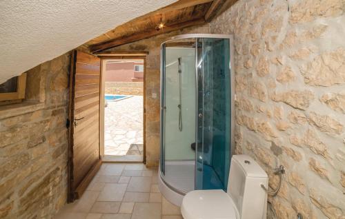 a bathroom with a glass shower and a toilet at Luxury Villa Maria with Pool in Galovac