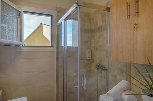 ein Bad mit einer Dusche und einer Glastür in der Unterkunft Renas Cosy Apartment in Korfu-Stadt