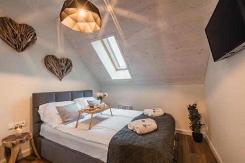 a bedroom with a bed and a skylight at Zakątek Homole in Jaworki