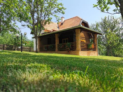 a log cabin in a grassy field with a house at Seosko domaćinstvo Bondžulić in Užice
