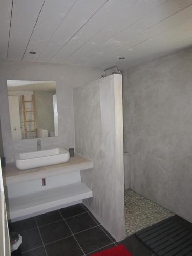 une salle de bain avec un lavabo et un miroir dans l'établissement Gîtes 