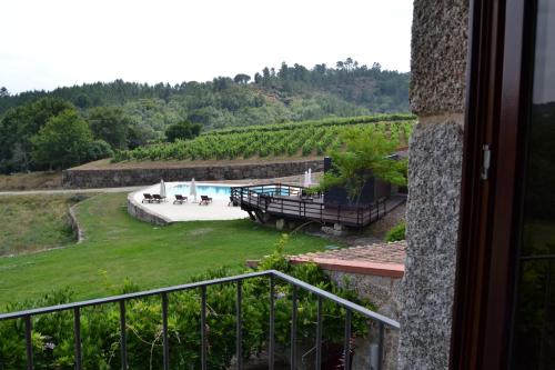 a view from a window of a vineyard with a pool at Quinta do Medronheiro Hotel Rural in Viseu