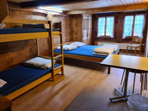 Zimmer mit 2 Etagenbetten und einem Tisch in der Unterkunft Emme Lodge in Langnau im Emmental