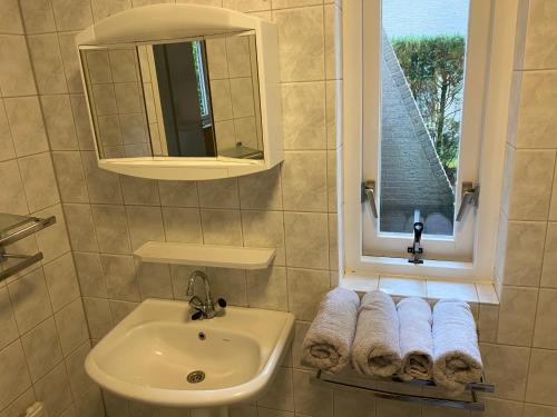 a bathroom with a sink and a mirror and towels at Huize Nuwenspete in Nunspeet