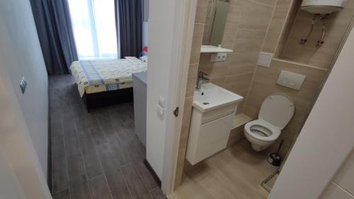 een kleine badkamer met een toilet en een wastafel bij Rybalsky Studio apartment Dnipro view in Kiev