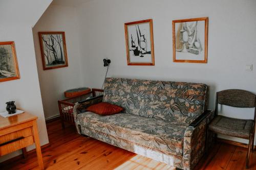 a living room with a couch and a chair at Viesu nams Lauciņi in Lāde