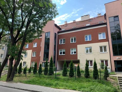 a row of christmas trees in front of a building at Silver Mazury Apartament in Giżycko