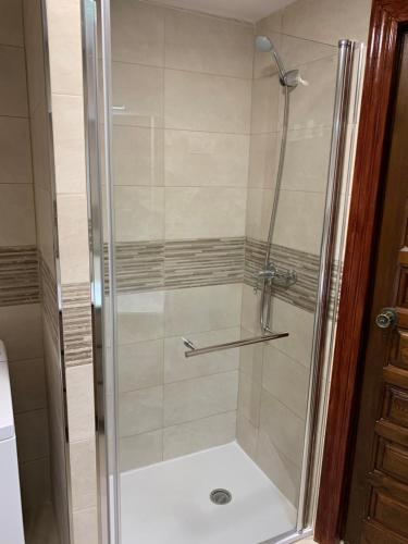a shower with a glass door in a bathroom at Palm Beach 8th - La Carihuela in Torremolinos