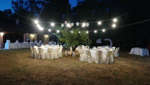a group of tables and chairs in a field with lights at Tenuta de Maffutiis in Polla