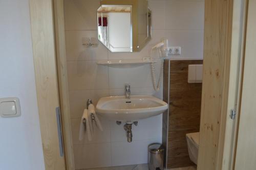 a small bathroom with a sink and a mirror at Haus Stückler in Steinbach am Attersee