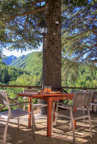 a picnic table with two chairs and a tree at Il Palazzo Ridracoli in Bagno di Romagna