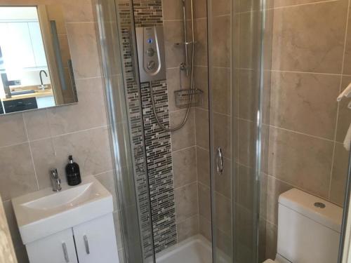a bathroom with a shower and a sink and a toilet at Russet in Yate
