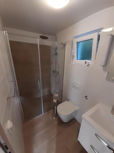 a bathroom with a shower and a toilet and a sink at Apartment Bruno in Mali Lošinj