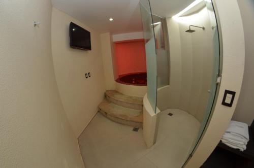 a bathroom with a shower and a tub with a toilet at La Moraleja Love hotel in Mexico City