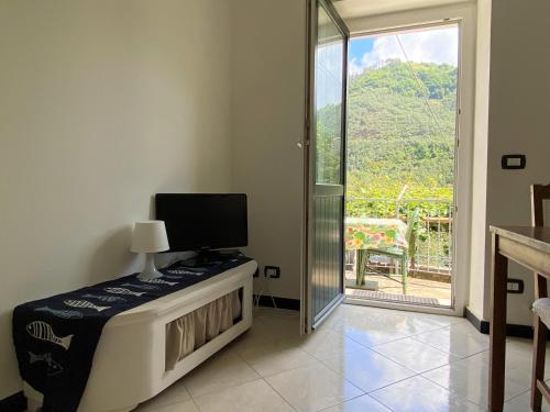 Habitación con cama, TV y ventana. en Le case della Lizza - Casa Blu, en Levanto