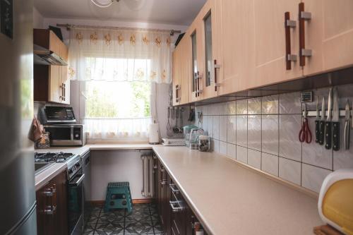 a kitchen with wooden cabinets and a window at Apartament Aurelia in Ustka