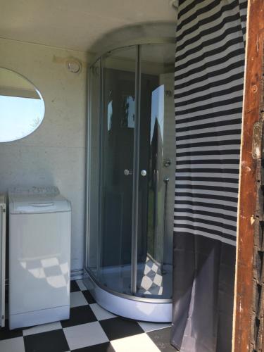 斯塔德的住宿－Stuga nära havet，浴室设有玻璃淋浴间和 ⁇ 格地板