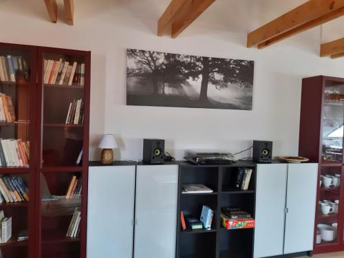 a room with white cabinets and bookshelves at Adliapartmán 2020 in Vlasenice