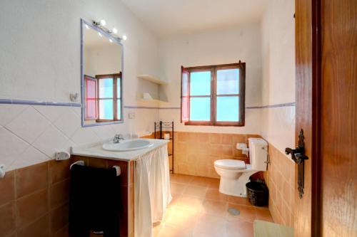 een badkamer met een wastafel, een toilet en een spiegel bij La Casa del Bandolero in Júzcar