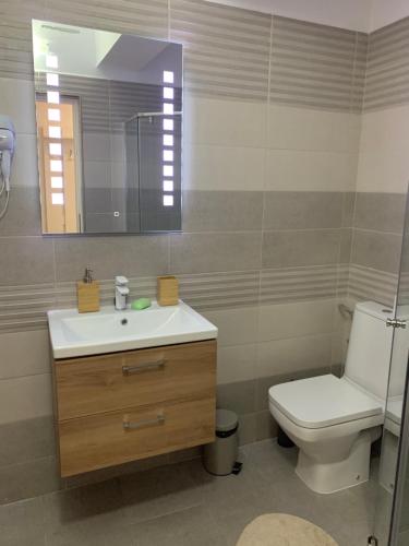 ein Badezimmer mit einem WC, einem Waschbecken und einem Spiegel in der Unterkunft Sunny in Eforie Nord