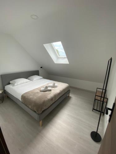 a bedroom with a bed and a skylight at Le Duplex St Nicolas in Beaune