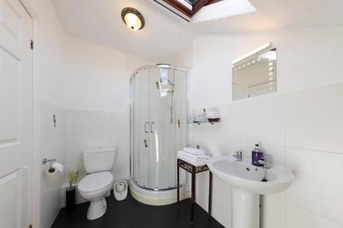 een badkamer met een douche, een toilet en een wastafel bij Wynnstay House in Harrogate