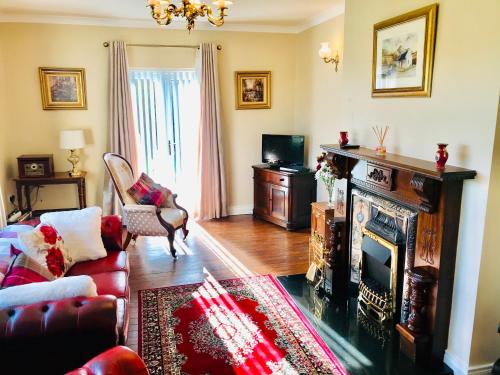a living room with a couch and a fireplace at Knocknagore Cottage in Gilford