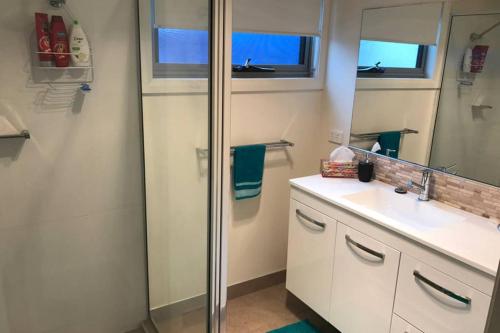 ein Bad mit einer Dusche, einem Waschbecken und einem Spiegel in der Unterkunft Amazing Ansons Bay Absolute Waterfront Beach House in Ansons Bay