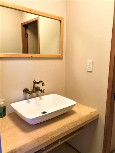 a bathroom with a white sink and a mirror at ゲストハウス三軒家 in Shirahama