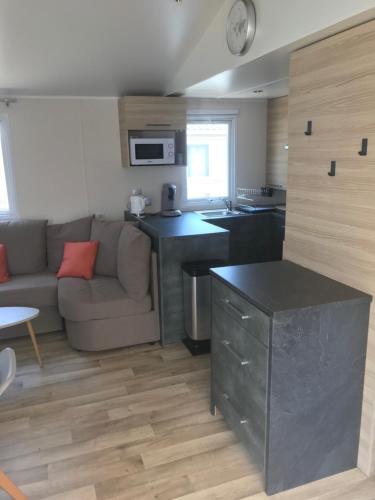 une cuisine et un salon avec un canapé et une table dans l'établissement MOBIL HOME camping le Mar Estang bord de plage, à Canet