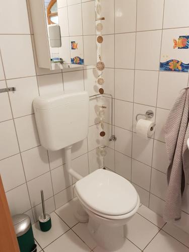 a bathroom with a white toilet and a mirror at Ferienwohnung Zum-alten-Kirschbaum in Limburg an der Lahn