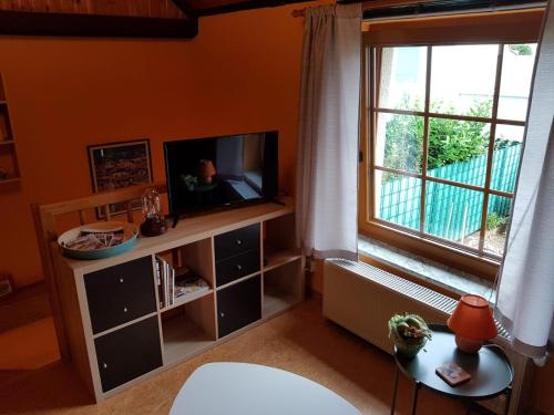 een woonkamer met een televisie en een raam bij Ferienwohnung Zum-alten-Kirschbaum in Limburg an der Lahn