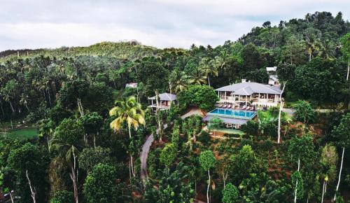 an aerial view of a house in the forest at Aarunya Nature Resort and Spa in Kandy