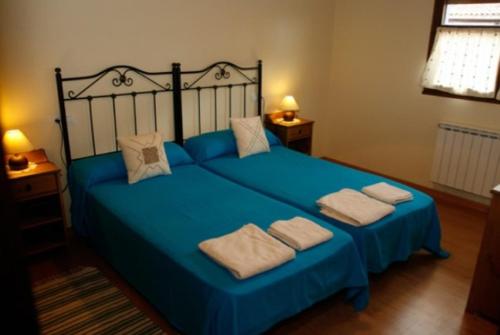 um quarto com uma cama azul e 2 almofadas em Casa Carmen em Infiesto