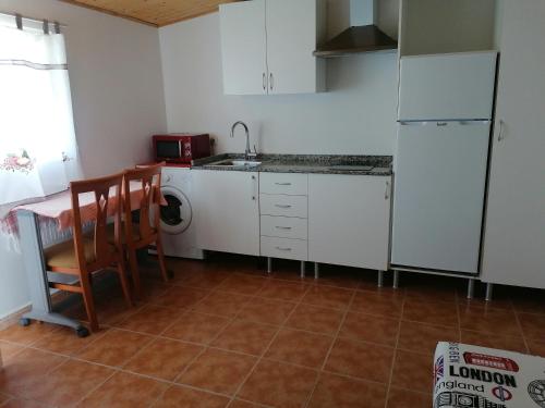eine Küche mit einer Spüle, einem Kühlschrank und einem Tisch in der Unterkunft APARTAMENTO CAMPO SANTA BAIA in Vigo