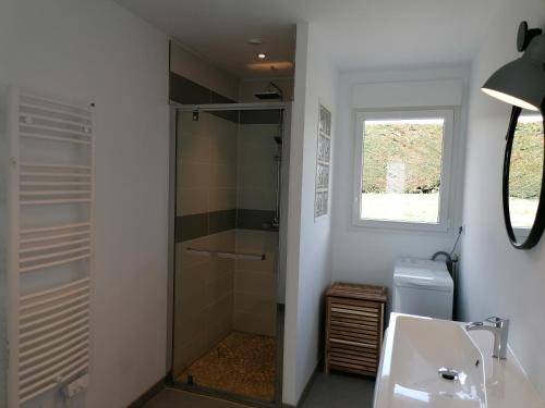La salle de bains est pourvue d'une douche, d'un lavabo et d'un miroir. dans l'établissement Les gîtes aux portes de Saint-Quay-Portrieux, à Plourhan