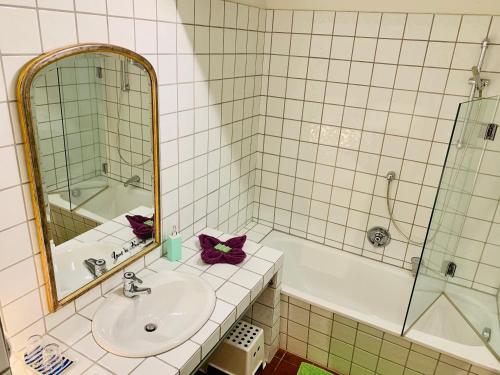 a bathroom with a sink and a tub and a mirror at Appartement Azalea Oetz in Oetz