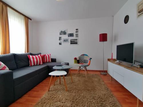een woonkamer met een bank, een tafel en een tv bij Apartment Danijel in Višegrad