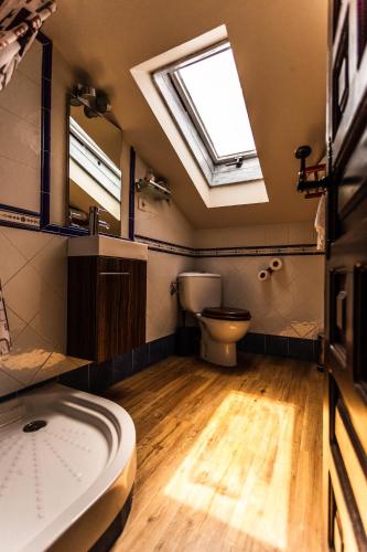 a bathroom with a toilet and a skylight at Posada Real La Montañesa in Los Corrales de Buelna